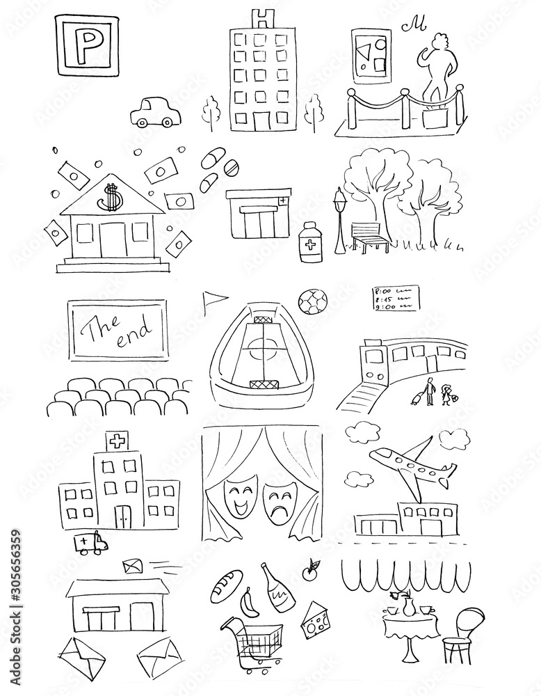 A set of hand-drawn places in the city such as hotel, bank, museum, theatre, airport, restaurant etc., black and white