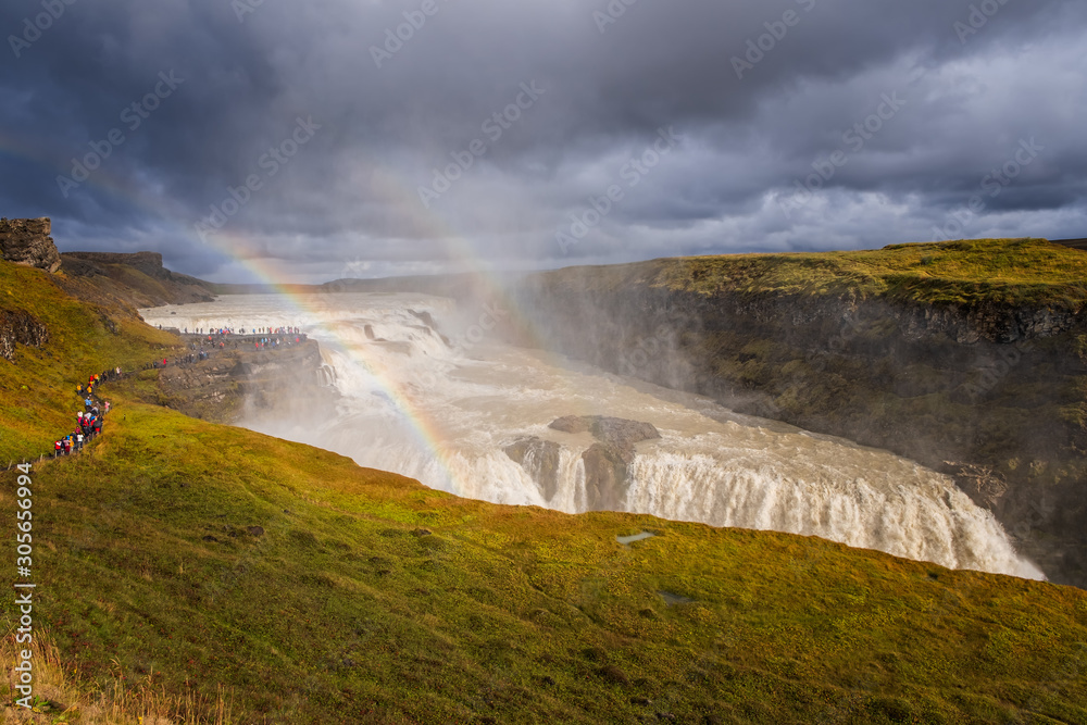 Amazing Gullfoss waterfall with rainbow in Iceland. September 2019 Amazing Gullfoss waterfall with rainbow in Iceland. September 2019