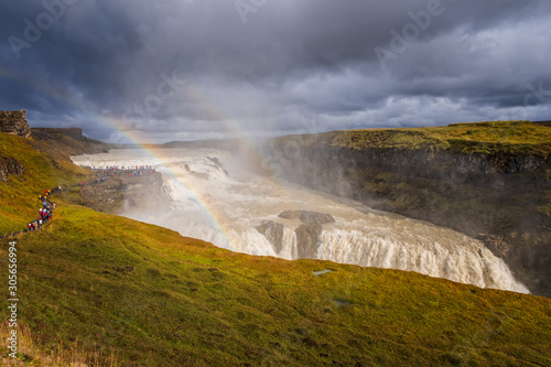Amazing Gullfoss waterfall with rainbow in Iceland. September 2019