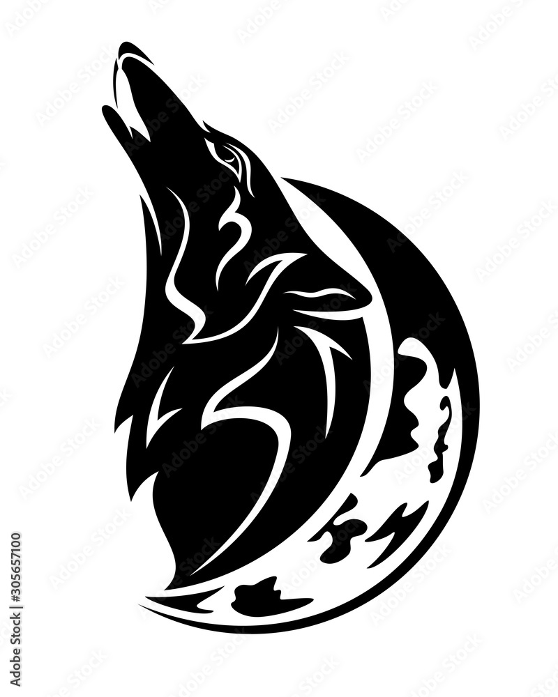 howling wolf head and crescent moon black and white vector outline