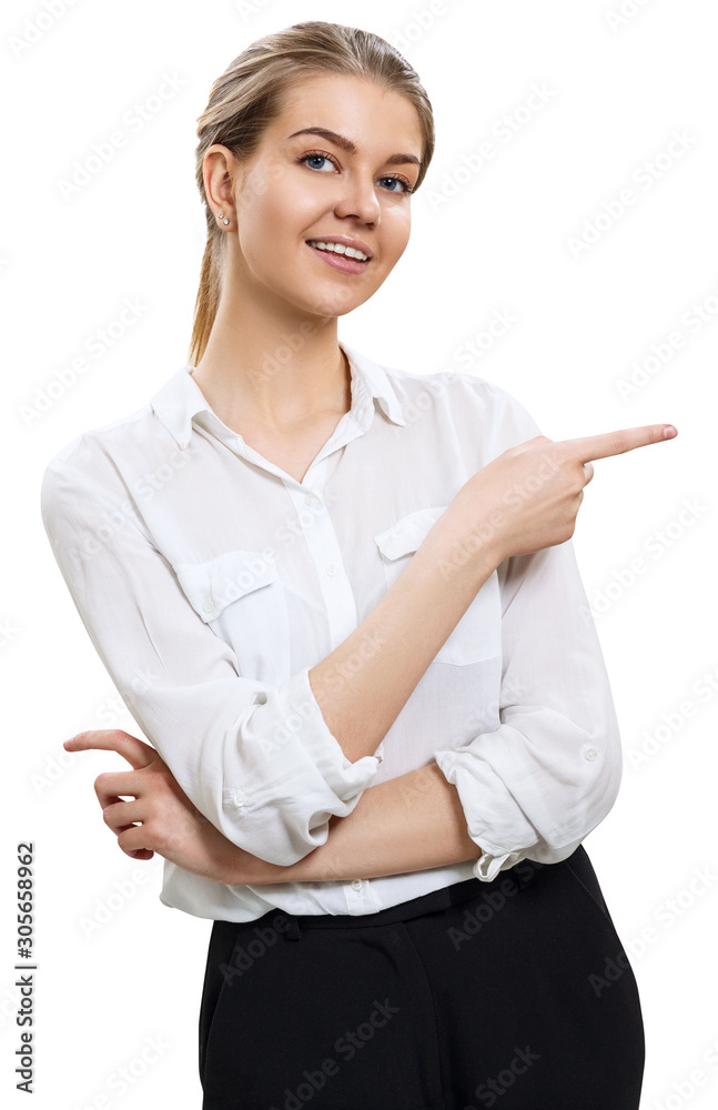 Portrait of young business woman with blonde hair point by finger Portrait of young business woman with blonde hair point by finger