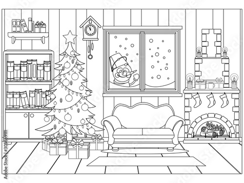 Coloring book for kids and adults in the form of a vector room prepared for the celebration of the new year and Christmas.