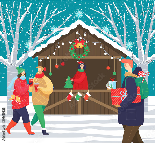 Christmas market decorated by garland and snowflakes. Man and woman with gift box walking on winter holiday. People in warm clothes going near snowy fir-trees. Retail of Xmas presents outdoor vector