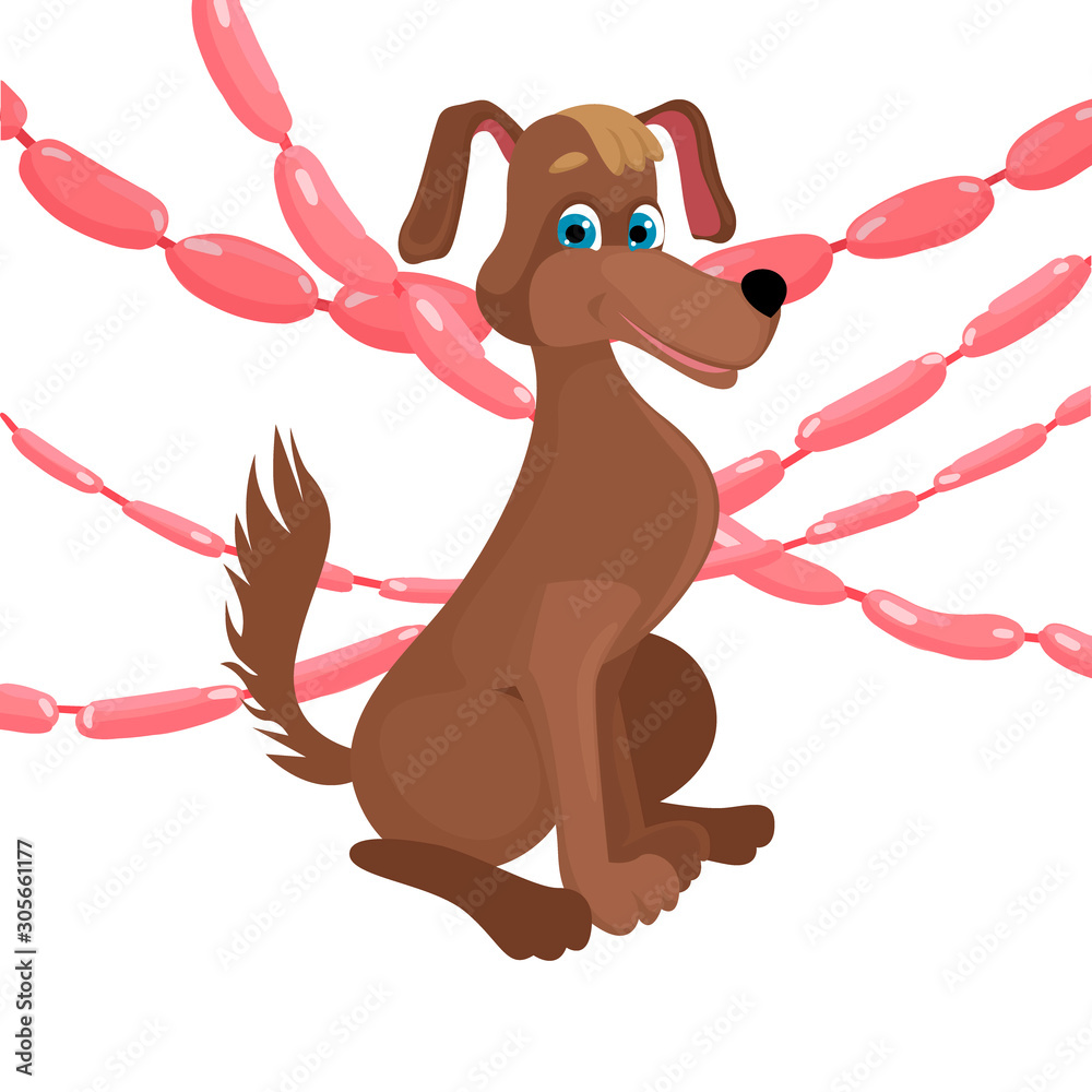 Character dog, cartoon mongrel. Meat sausages hanging around. Dog food.  Vector illustration of character Stock Vector | Adobe Stock