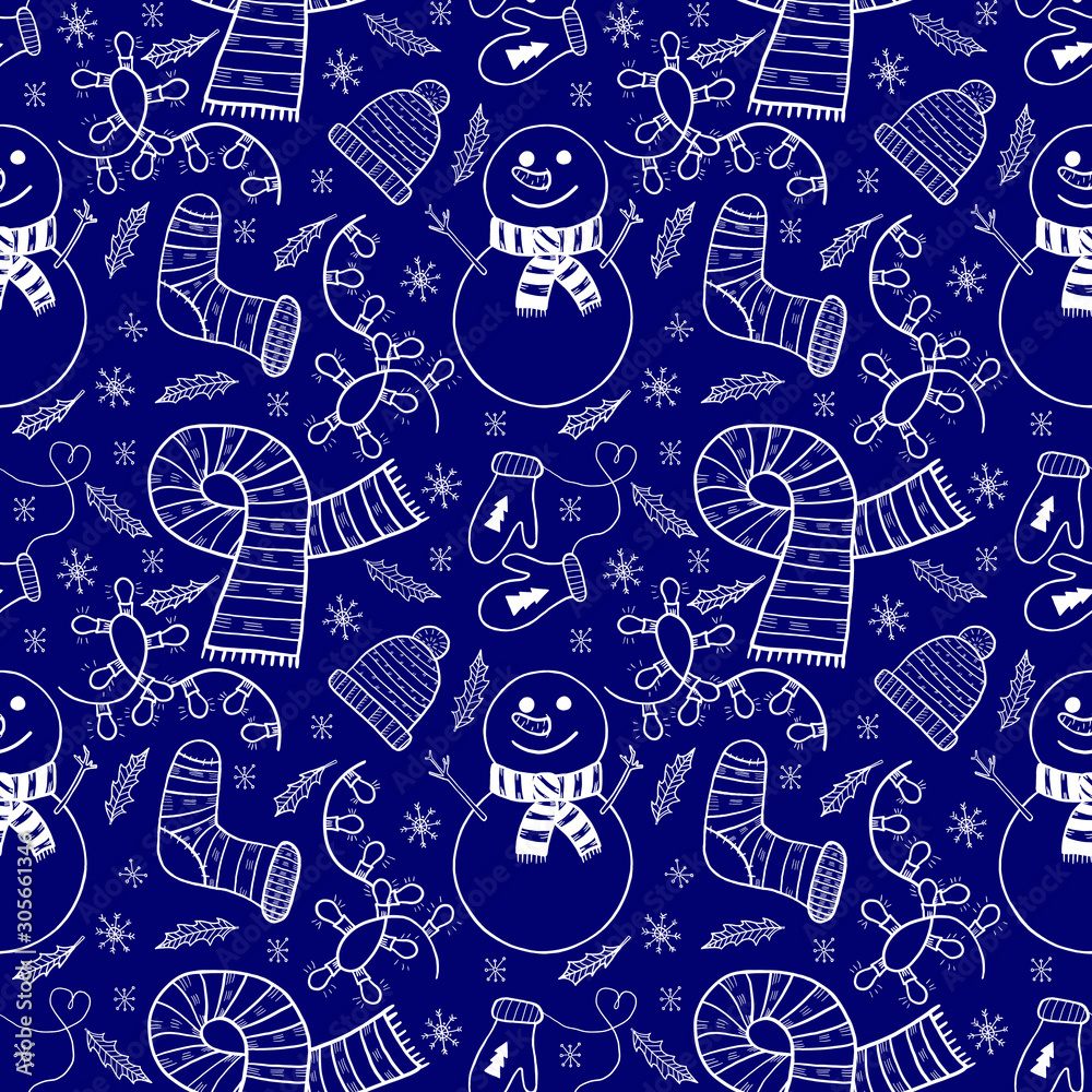 Seamless Christmas pattern in monochrome with blue and white colors. Digital drawing of snowman, warm clothes, lights and a leaves for postcards, scrapbooking, wrapping paper, fabrics and more. Seamless Christmas pattern in monochrome with blue and white colors. Digital drawing of snowman, warm clothes, lights and a leaves for postcards, scrapbooking, wrapping paper, fabrics and more.