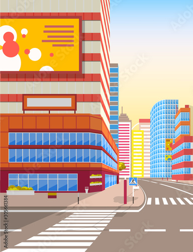 Zebra on city road vector, realistic cityscape with ad on billboards. Boards with advertisements, apartments and facade of skyscrapers empty street