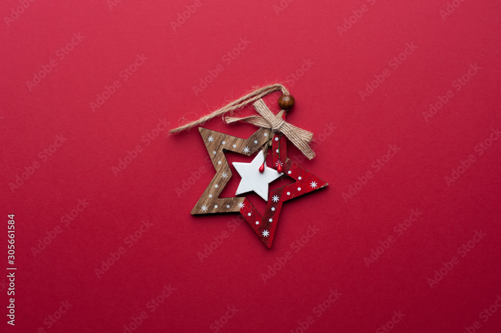 Wooden Christmas Toy on Red Background Wooden Christmas Toy on Red Background