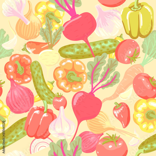 Vegetables. Pattern of different vegetables for salad. Tomatoes, ogurtsy, ray and so on. Vector seamless pattern.