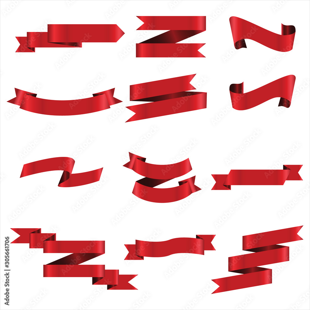 Red Ribbon Set In Isolated For Celebration Banner White Background, Vector Illustration Red Ribbon Set In Isolated For Celebration Banner White Background, Vector Illustration