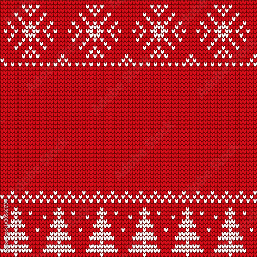 Christmas decorative white ornament of trees and snowflakes on red canvas. Winter background or wallpaper vector. Xmas sweater with embroidery in traditional style. Christmas or New Year illustration