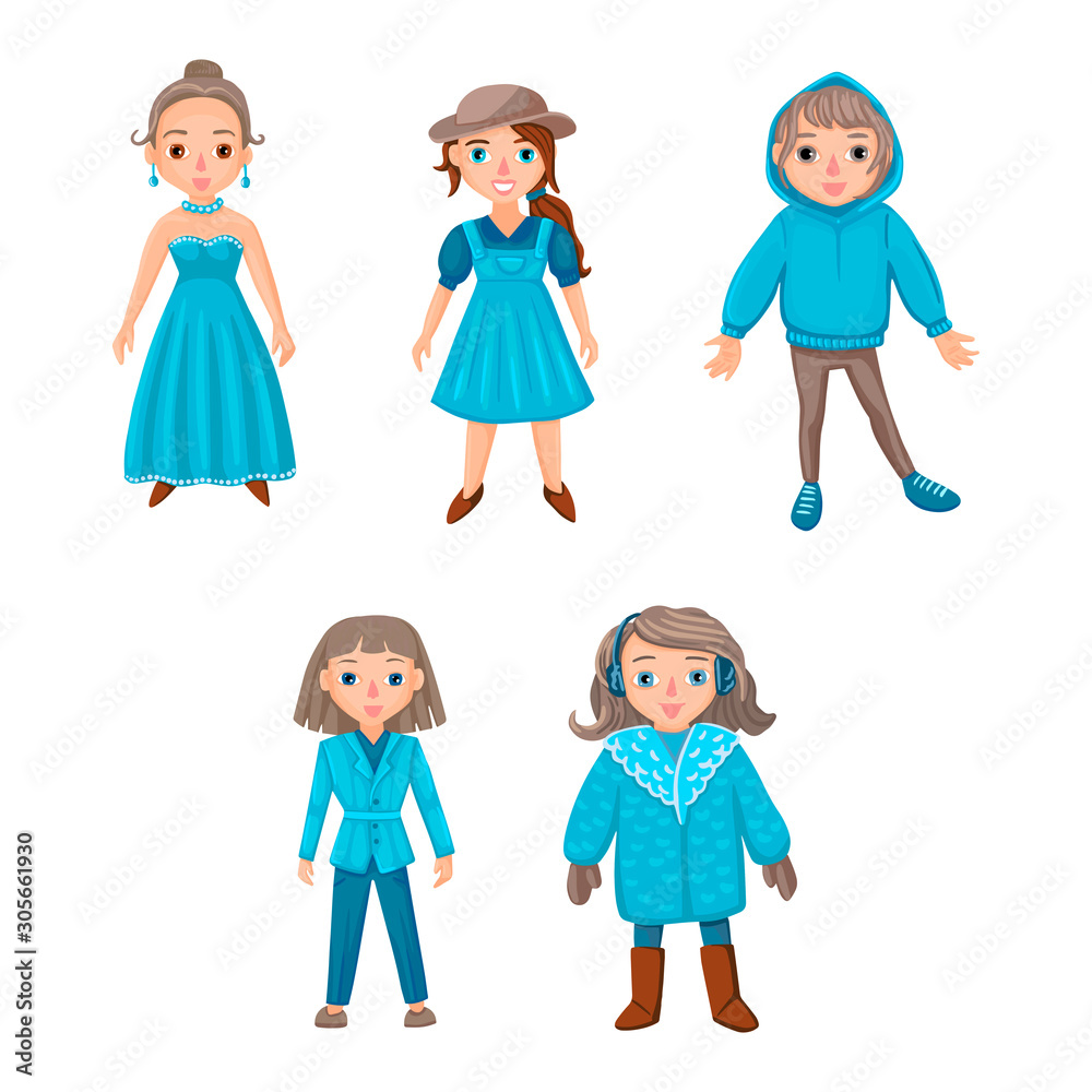 Girls in blue denim dress. Cute drawn characters. Vector illustration Girls in blue denim dress. Cute drawn characters. Vector illustration