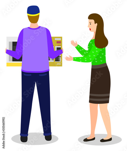Male character holding microwave electronic equipment, woman standing near man. Big discount of kitchen electric device, shoppers buying appliance. People with purchase in supermarket vector