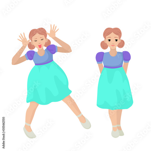 A girl in two poses. Having fun and jumping. The girl stands quietly and smiles. Vector illustration of character.