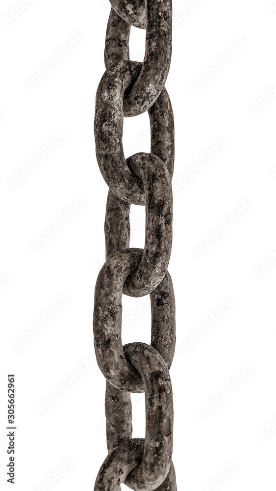 A piece of an old rusty chain isolated on white. Corrosion threw from the sea air. A piece of an old rusty chain isolated on white. Corrosion threw from the sea air.
