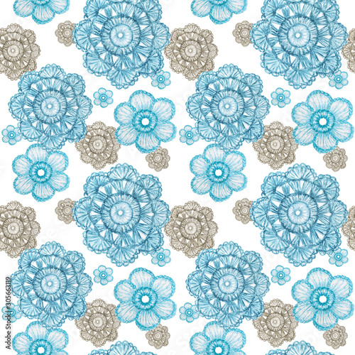 Watercolor Seamless pattern Hobby Crochet flower. Collection of hand drawn light blue, gray colors flowers elements of Crocheting and knitting on white background