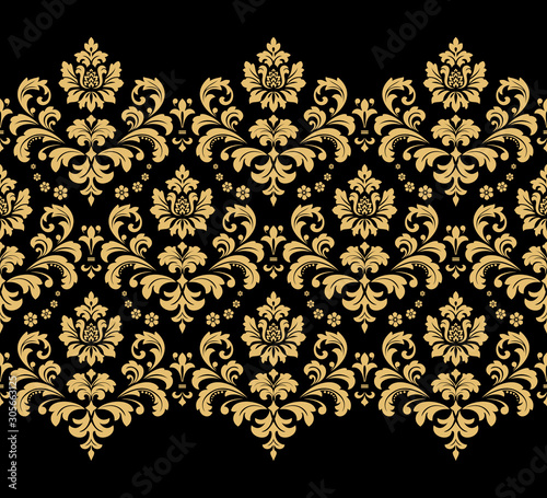 Wallpaper in the style of Baroque. Seamless vector background. Gold and black floral ornament. Graphic pattern for fabric, wallpaper, packaging. Ornate Damask flower ornament