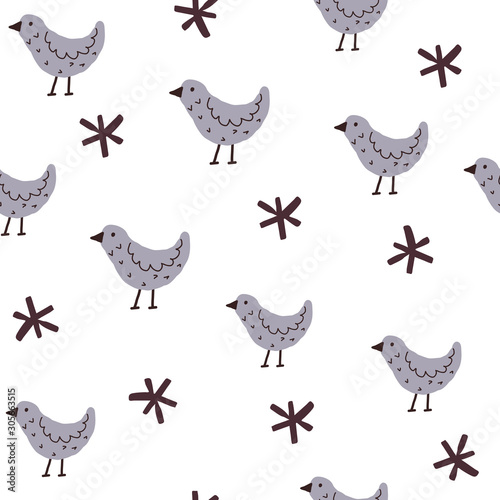 Seamless pattern with cartoon birds  decor elements. Flat simple vector ornament. hand drawing. nature theme. design for fabric  textile  wrapper  print