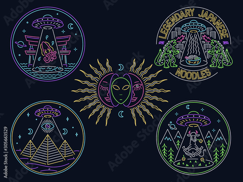 Set of Alien and UFO neon signs and illustrations for any use