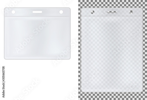 White transparent badge vector mock up. Id card Lanyard holder template. Realistic exhibitor event plastic cover. Accreditation tag sachet. Employee identity pass blank. Person backstage access label