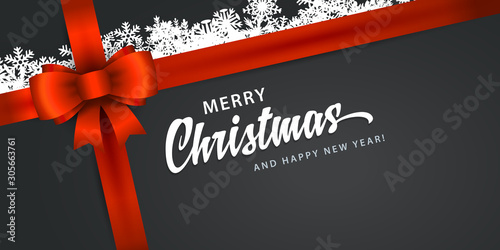 Merry Christmas and Happy New Year vintage background template with gift box red ribbon and bow