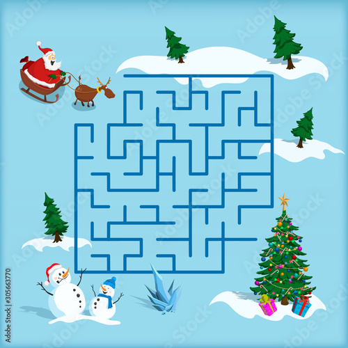 Christmas maze. Kids labyrinth. Cartoon game: search the path. Help Santa find the way to xmas tree. Winter holiday puzzle