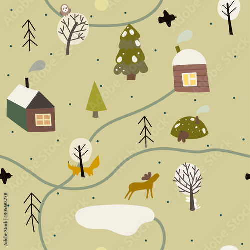 Seamless pattern with houses   trees and animals. Winter forest. Vector illustration.