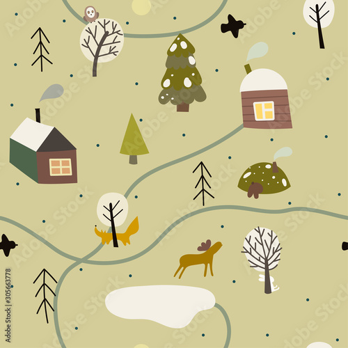 Seamless pattern with houses , trees and animals. Winter forest. Vector illustration.