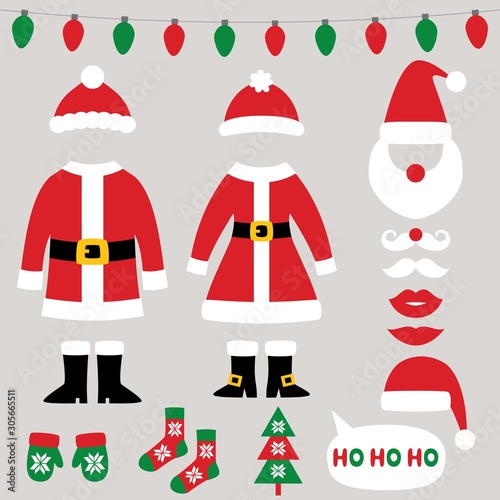 Santa Claus clothes, Christmas and New Year vector set, coats, hats, mittens, boots, socks