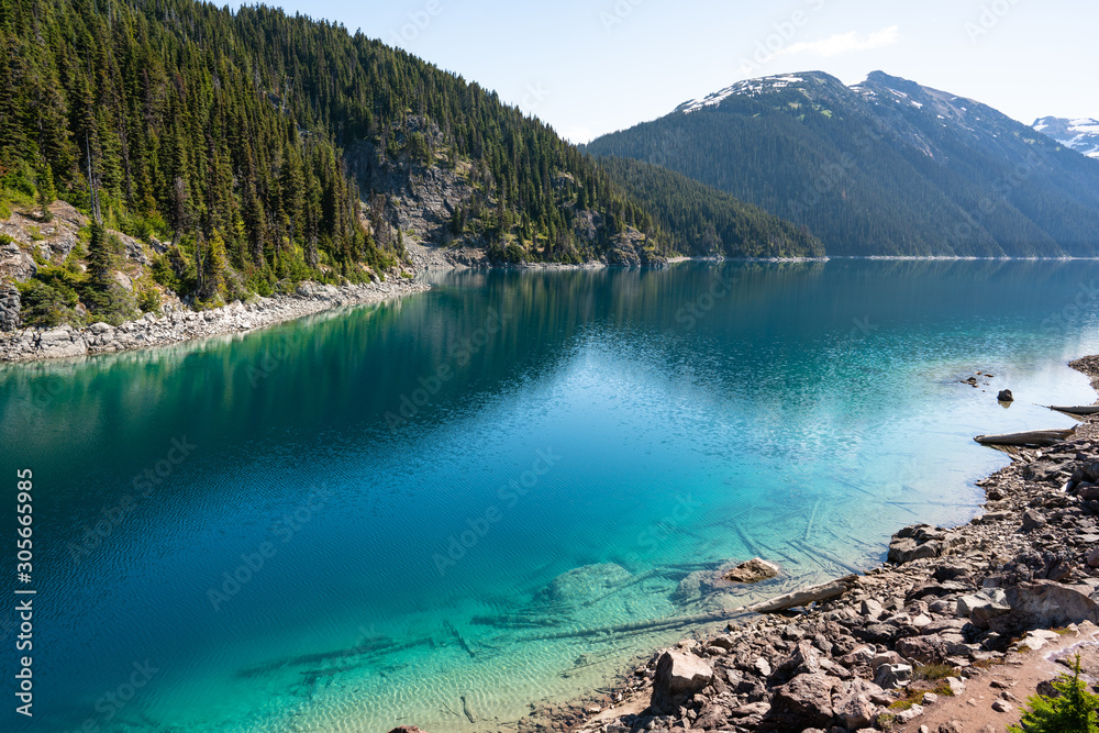 Turquoise coloured lake, clear water in the lake. Green forest in Garibaldi provincial park, BC, Canada