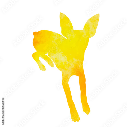 vector, on white background, yellow watercolor silhouette of the dog lies