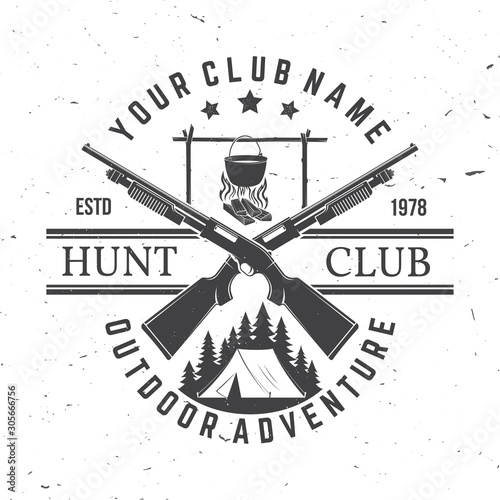 Hunting club. Vector. Concept for shirt, print, stamp or tee. Vintage typography design with hunting gun, pot on the fire, camping tent and forest silhouette. Outdoor adventure hunt club emblem