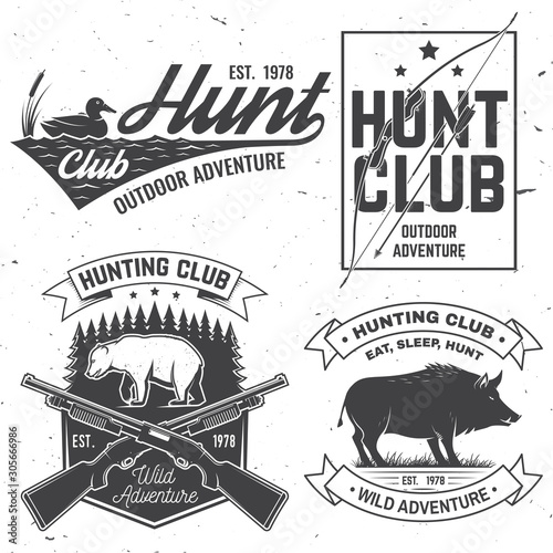 Set of Hunting club badge. Vector. Concept for shirt, print, stamp. Vintage typography design with hunting gun, boar, bear, duck, bow and arrow silhouette. Outdoor adventure hunt club emblem