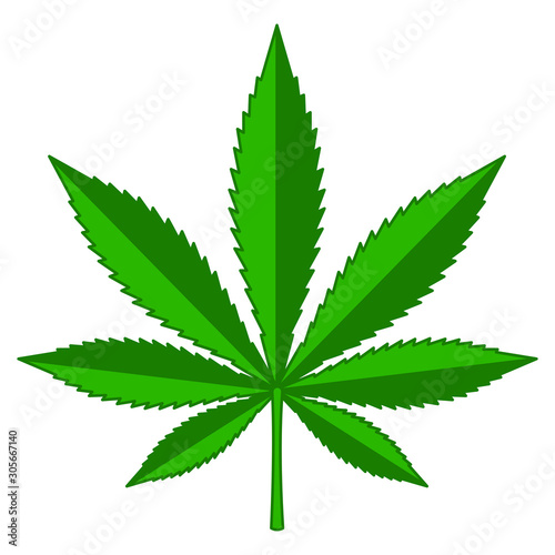 Vector illustration. Marijuana leaf. Isolated on white. Green print. Cannabis