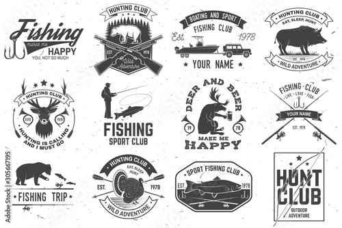 Set of hunting club and fishing club badges. Vector. Concept for shirt, stamp, tee. Design with hunting gun, bear, turkey , deer, camping tent, fish rod, bear. Outdoor adventure club emblem