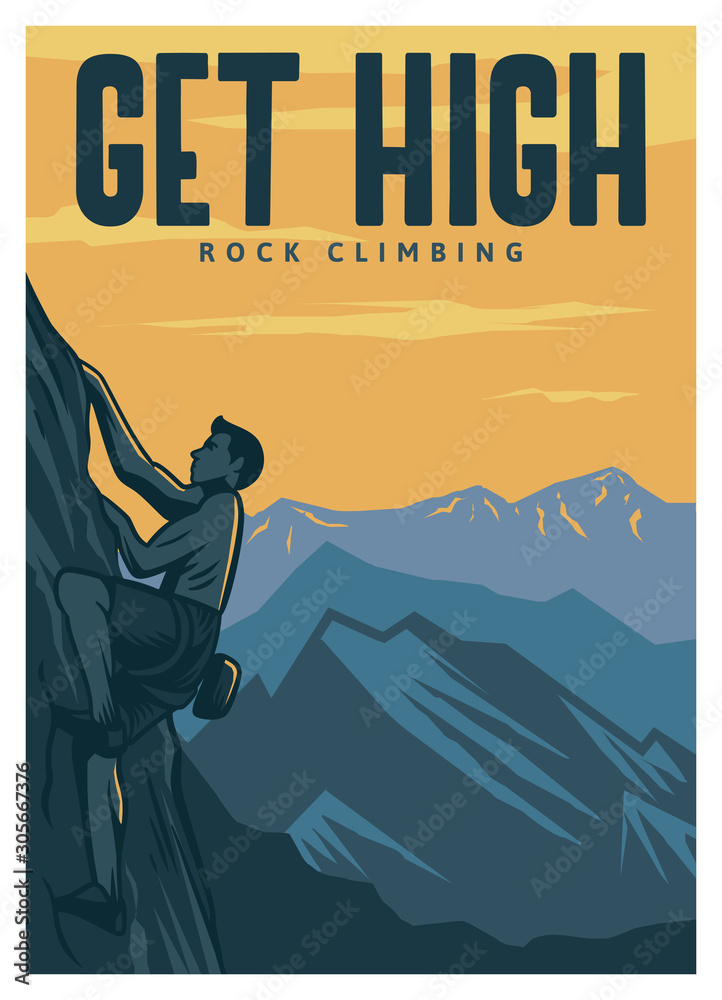 Vettoriale Stock Get high rock climbing poster template in vintage retro  style with mountain background | Adobe Stock