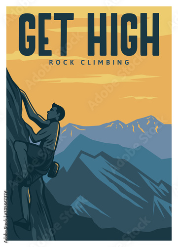Get high rock climbing poster template in vintage retro style with mountain background