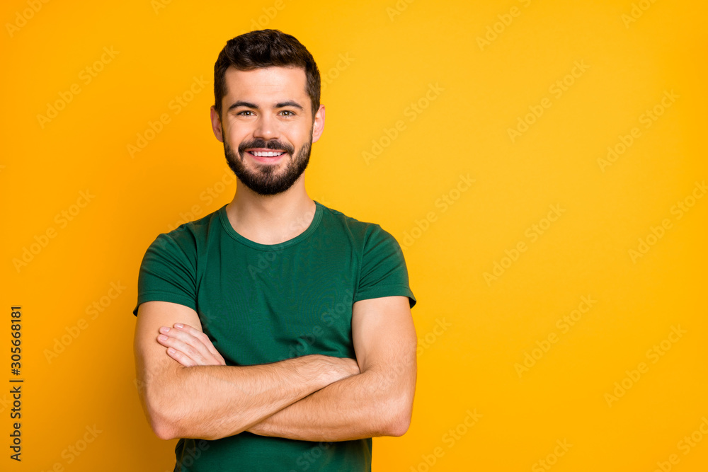 Portrait of cheerful glad emotional guy have spring time weekends cross hands wear modern clothing isolated over vivid color background