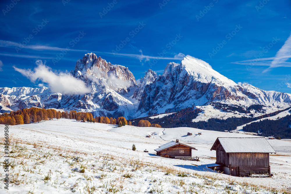 Beautiful Winter at Alpe di Siusi, Seiser Alm - Italy - Holiday background for Christmas.