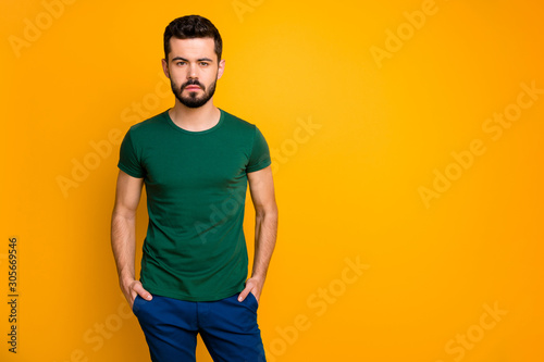 Portrait of serious minded guy true boss put his hands pockets wear stylish good looking outfit isolated over vibrant color background