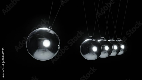 cause and effect concept, swinging metal Newton?s Cradle in slow motion studio shot design, on black background, 4k loop
