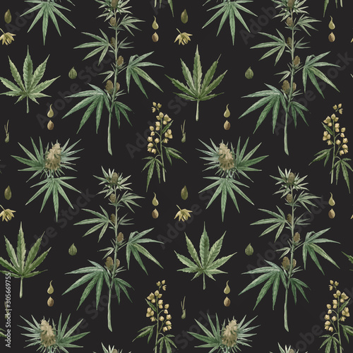 Beautiful vector watercolor medical marijuana seamless pattern. Natural therapeutic drug.