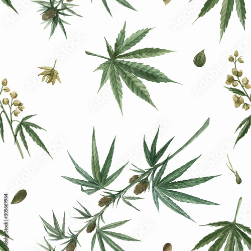 Beautiful vector watercolor medical marijuana seamless pattern. Natural therapeutic drug.