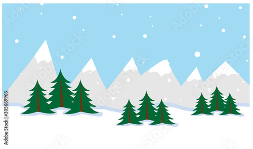vector - winter landscape with hills and trees and snowflakes with blue sky