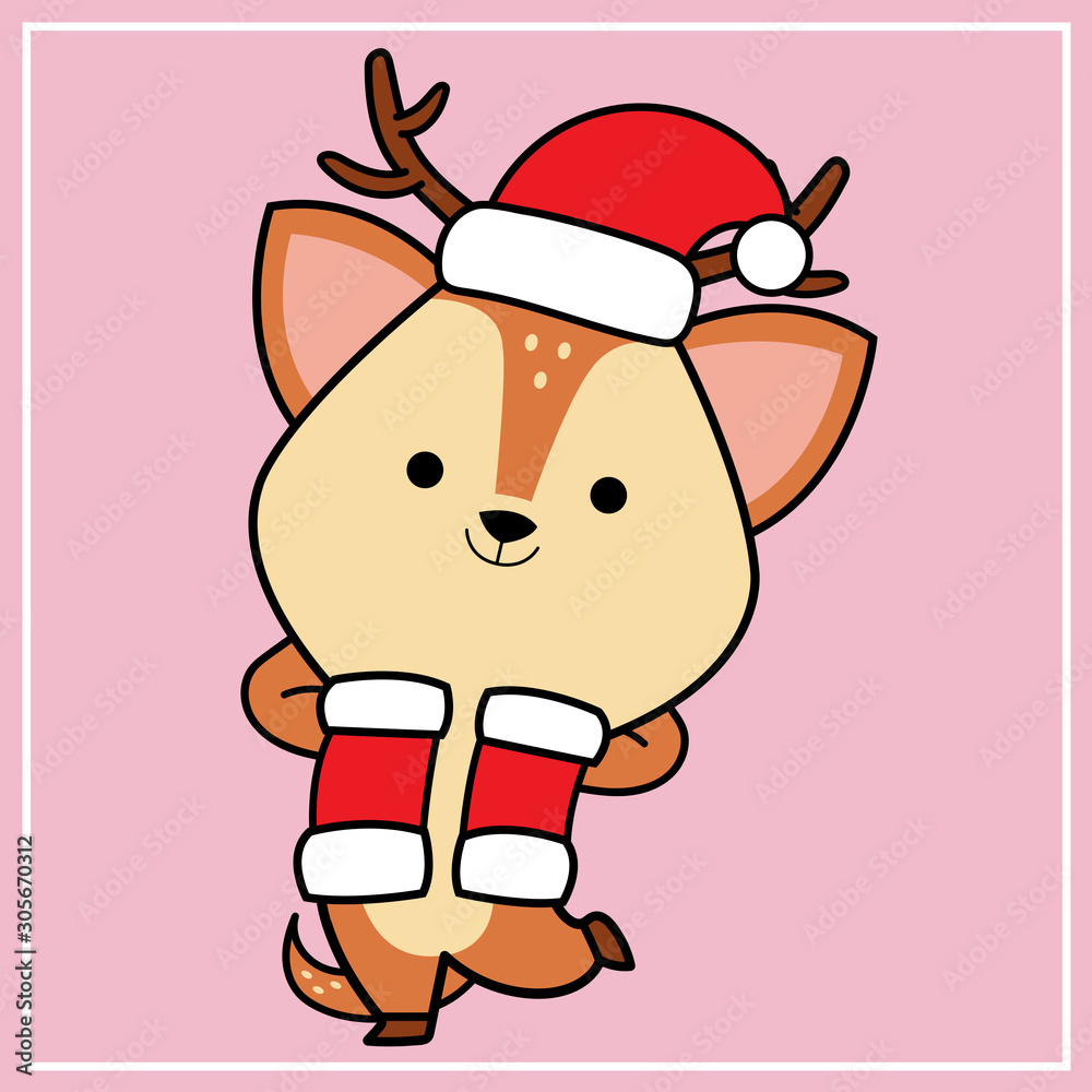 Cute Kawaii Hand Drawn Icon Clipart Deer Character Illustration With Christmas Costume - 8 Cute Kawaii Hand Drawn Icon Clipart Deer Character Illustration With Christmas Costume - 8