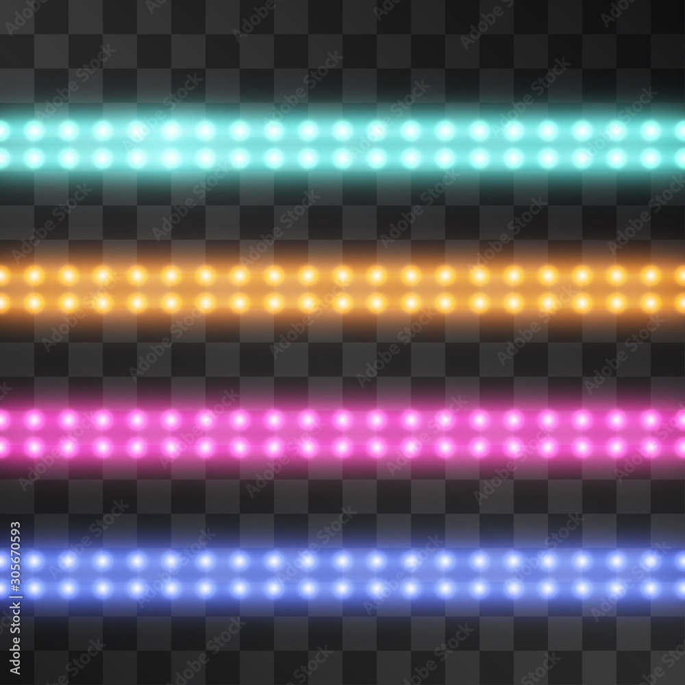 Φωτογραφία Shining led vector stripes, neon illumination on transparent background, set of pink, orange, pink, blue glowing decorative double tapes of diode ecological lamps light effect for banners, web-sites