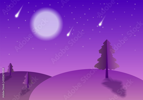 Evening landscape with comets, moon and falling stars. Cartoon flat style vector illustration. Peaceful country side, pink dawn, twilight. Recreation, romantic tourism gradient poster. Fairy tale lawn