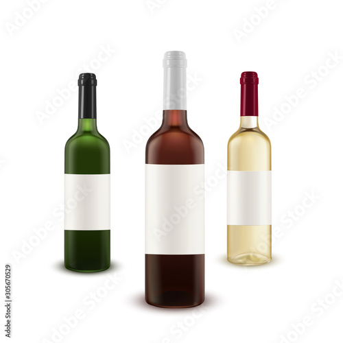 Realistic vector set of wine bottles of various colors of glass.