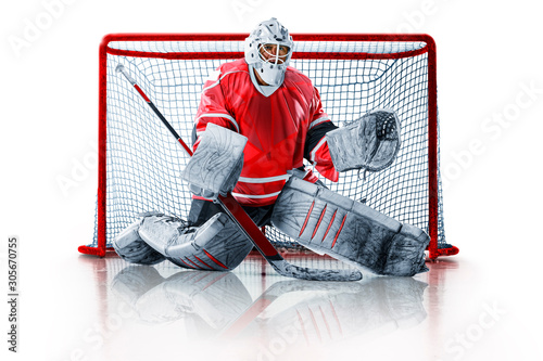 Professional ice hockey goalkeeper or goalie or goaltender isolated on white backgroung