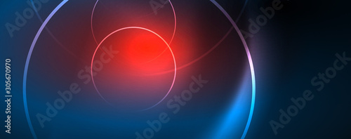 Trendy neon blue abstract design with waves and circles. Neon light glowing effect. Abstract digital background.