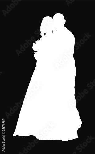 Groom and bride on wedding day in dress and suit vector silhouette illustration. Wedding couple. Happy bride groom ceremony. Just married couple in love. Smiling bride with bouquet flowers in hand.